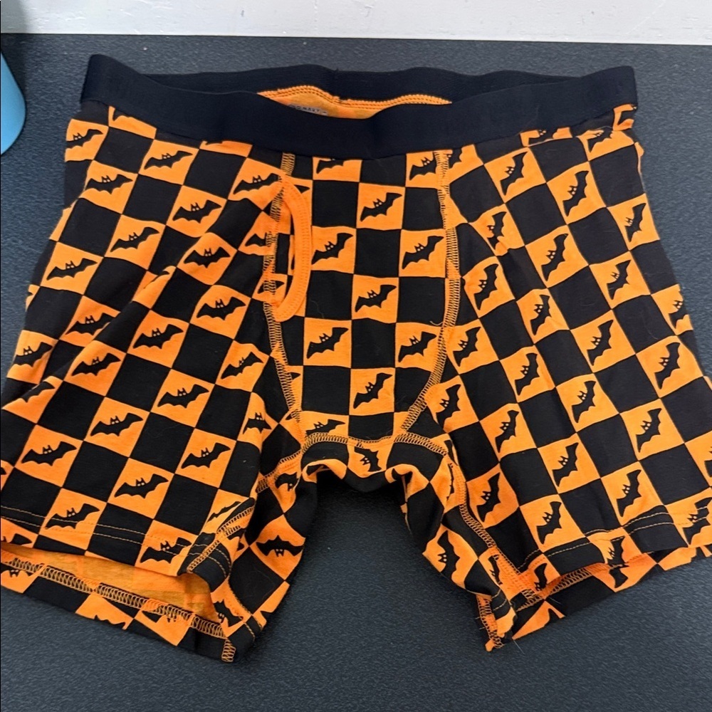 Men's Black & Orange Checkerboard Boxer Briefs with Bat Print